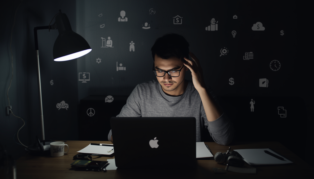 Student working late at desk with laptop and notes, learning online income strategies