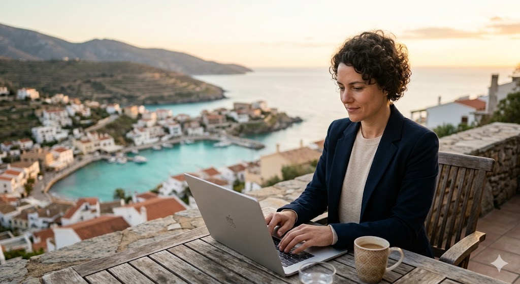 A woman entrepreneur working on a laptop on a scenic Mediterranean balcony at sunset, representing lifestyle freedom.