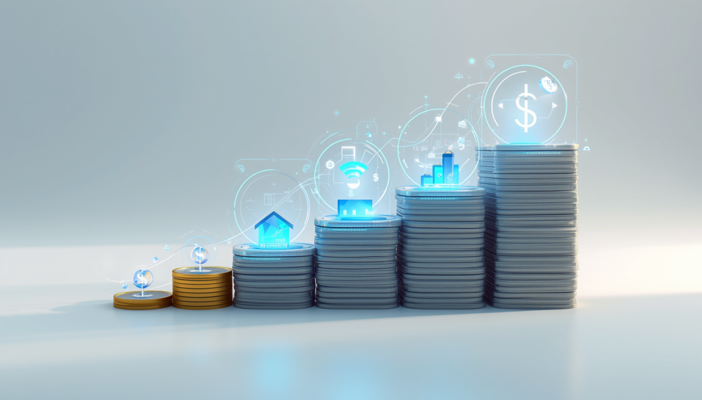 Ascending coin stacks with glowing digital icons representing passive income growth and automation