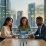 A digital marketing team collaborating around a tablet to analyze a visual map of seed keywords and content cluster topics in a modern office.