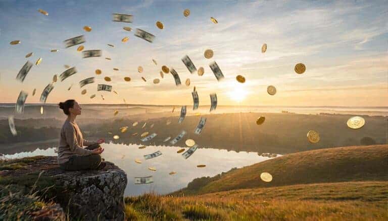 Meditation abundance visualization with money flying around woman at sunrise
