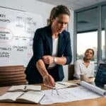 A professional strategy session where a team lead marks a blueprint, with a whiteboard behind them showcasing key concepts like "Resilience," "Growth Mindset," and "Calculated Risks."