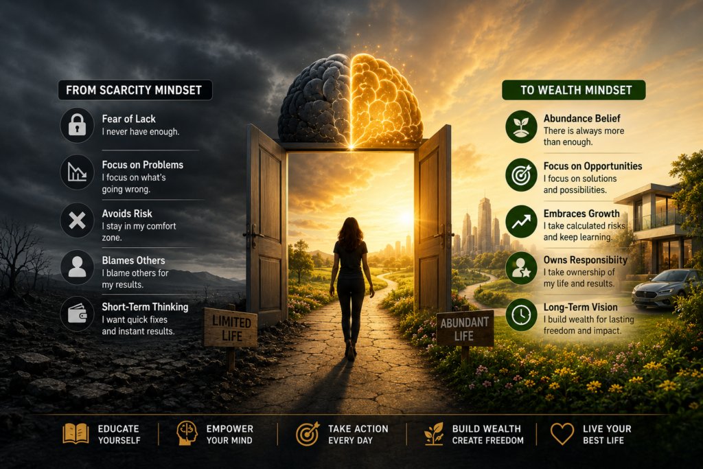 Infographic comparing scarcity mindset versus wealth mindset, showing a person walking through an open door from a dark, barren landscape into a bright, abundant life.
