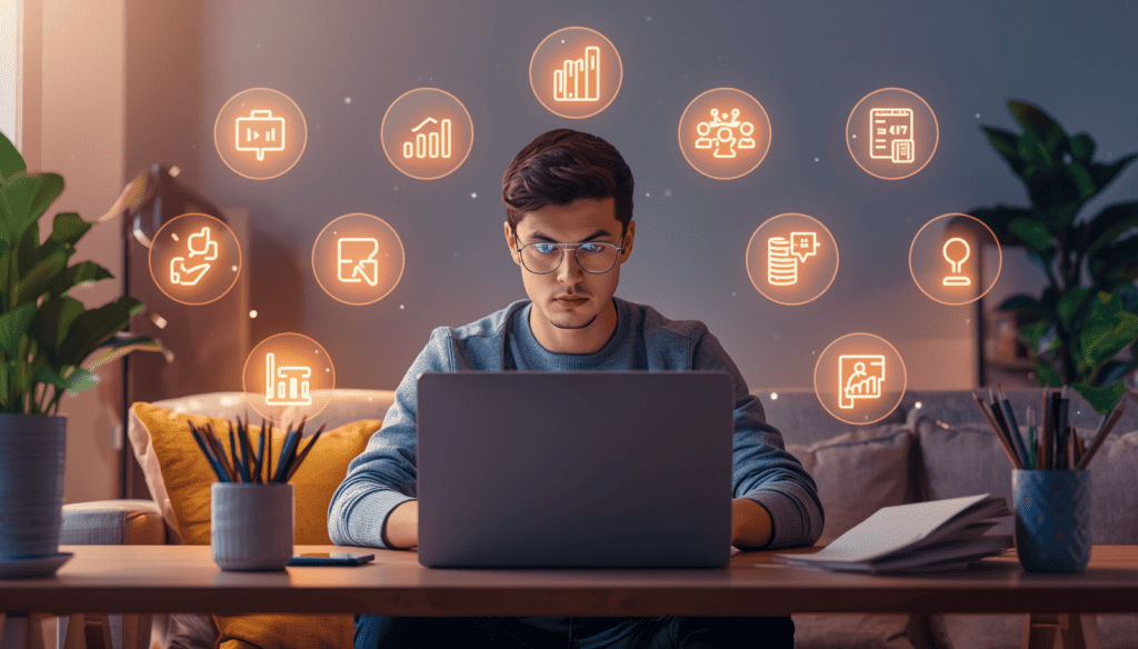Student working on laptop in study space surrounded by glowing icons representing online income opportunities