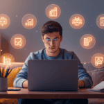 Student working on laptop in study space surrounded by glowing icons representing online income opportunities