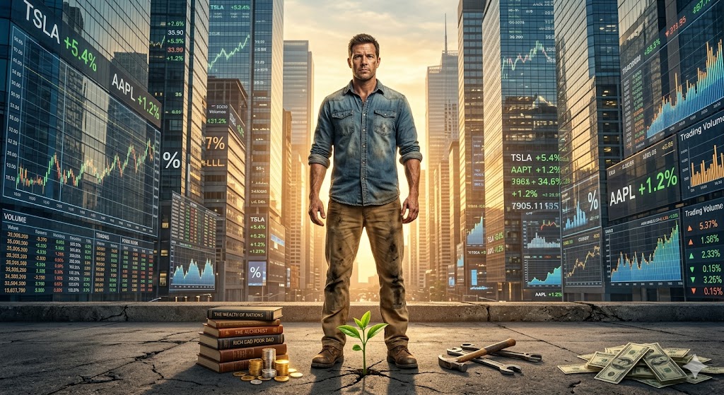 A resilient man stands at a crossroads of labor and growth, surrounded by the digital pulse of a modern city.