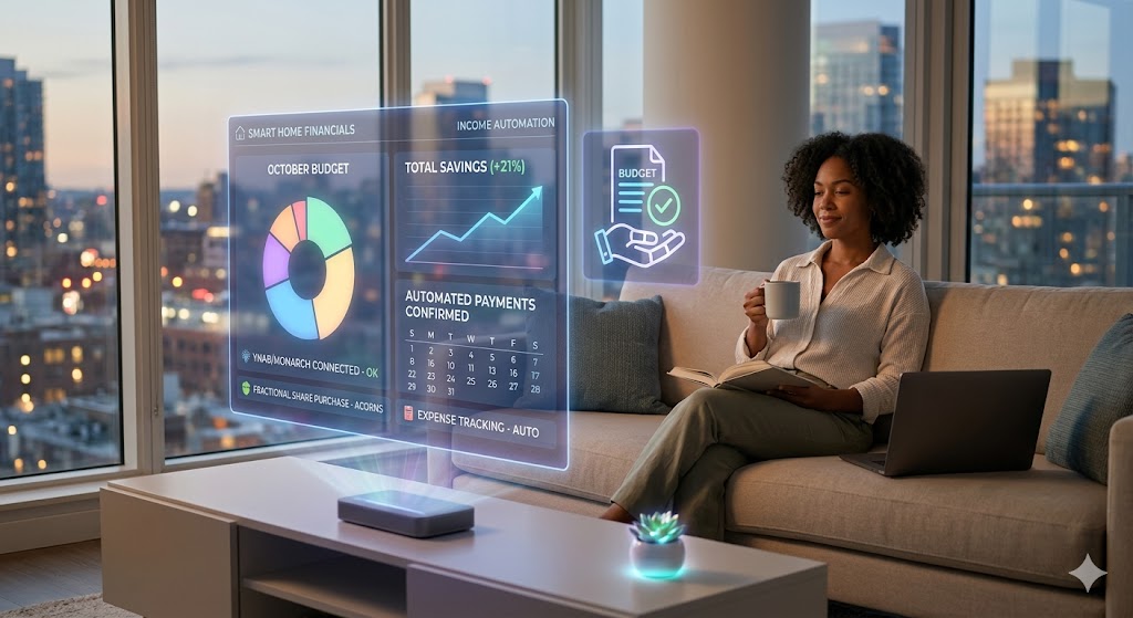 Woman reviewing holographic financial dashboards and budget charts in modern apartment with city view at dusk.