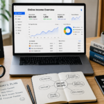 Modern laptop workspace showing online income dashboard and digital business tools
