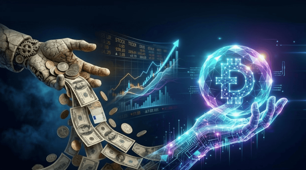 Hand releasing dollar bills that transform into glowing digital currency through energy stream with rising financial charts