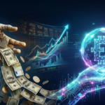 Hand releasing dollar bills that transform into glowing digital currency through energy stream with rising financial charts