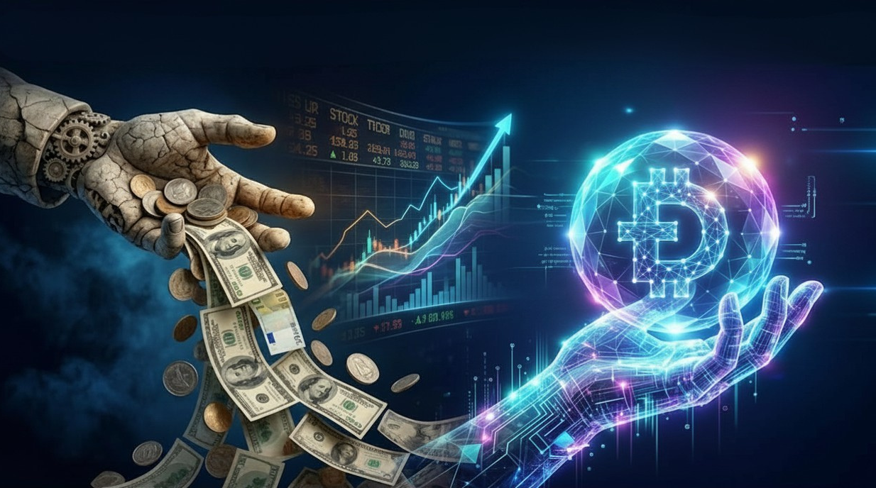 Hand releasing dollar bills that transform into glowing digital currency through energy stream with rising financial charts