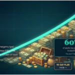 Ascending stacks of dollar bills with gold coins and treasure chest, showing upward financial growth with 60% statistic.