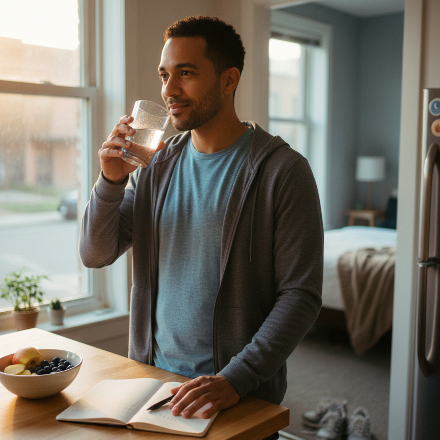 Man in a sunlit kitchen sipping water, hand on an open gratitude notebook, running shoes by the door.