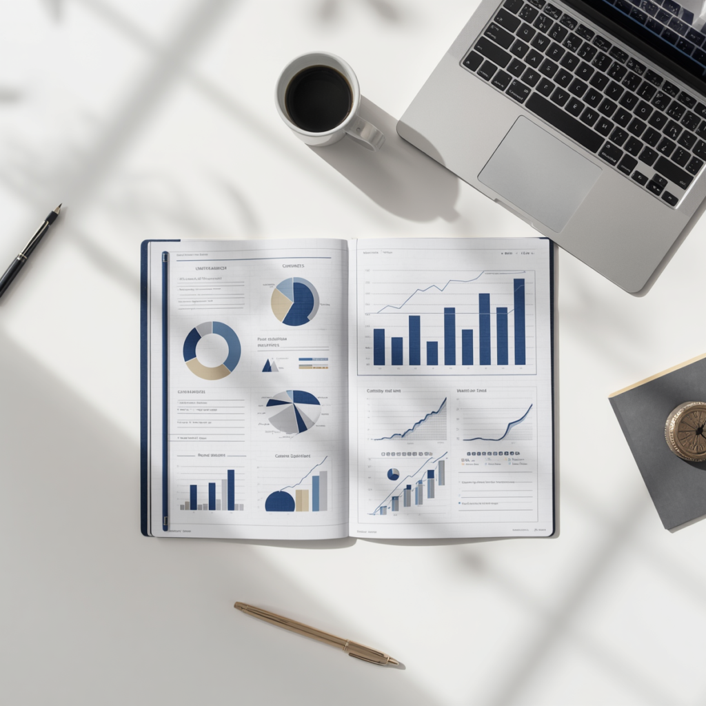 Top-down view of desk with open financial planner showing growth charts and diagrams, laptop displaying dashboard, coffee cup, and pen in navy blue and gold tones