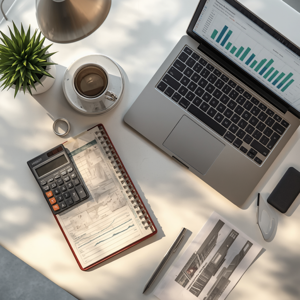 Top-down view of organized desk with budgeting planner, calculator, laptop showing expense graphs, and neatly arranged bills in warm natural light