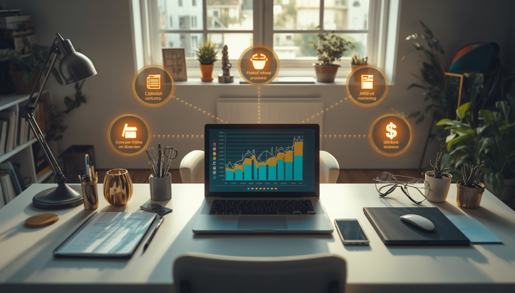 Laptop on desk surrounded by glowing icons representing six online income streams: digital products, affiliate marketing, freelancing, courses, blogging, and print-on-demand