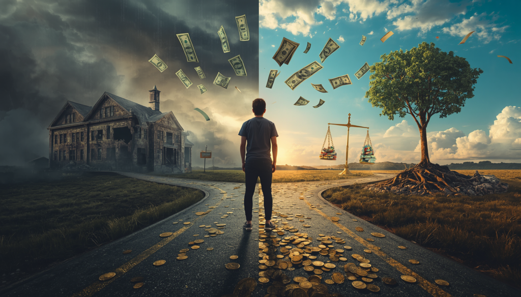 A figure stands at a crossroads between a crumbling past of outdated financial advice and a bright future of financial knowledge, growth, and freedom.