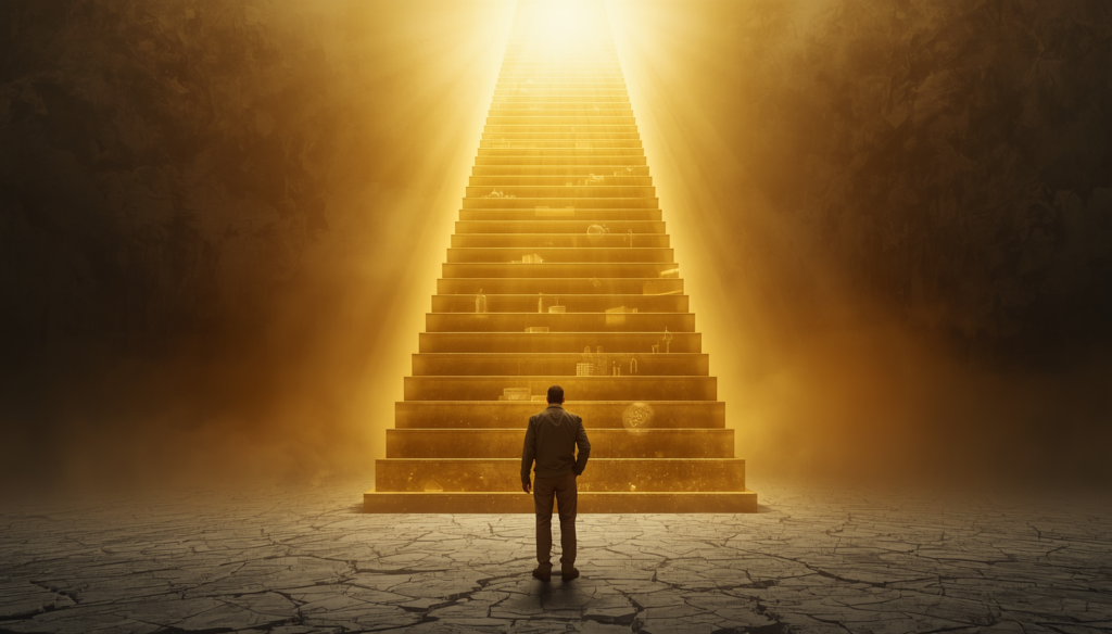 Person in ordinary clothes standing at base of golden staircase ascending into radiant light, hesitating to climb.