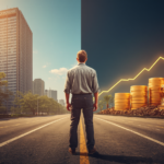 A blue-collar worker stands at a city crossroads between a corporate building and glowing symbols of financial growth and knowledge.
