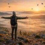 Person standing at a mountain overlook at sunrise with arms outstretched, representing the sense of freedom that comes with financial independence