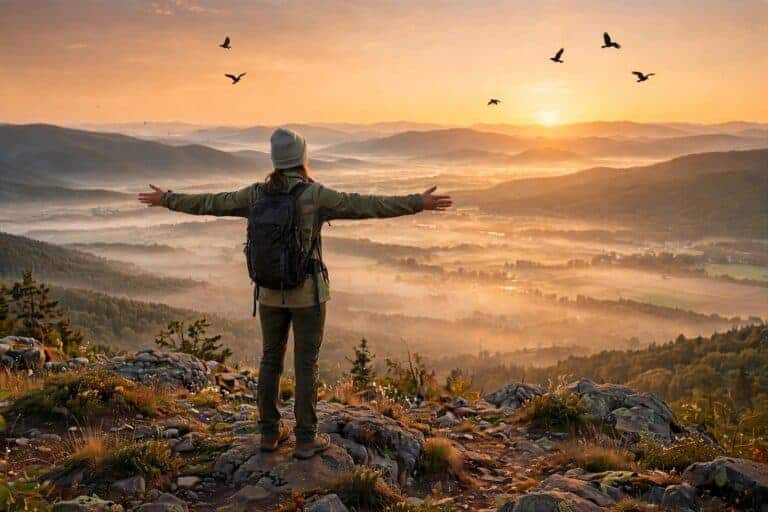 Person standing at a mountain overlook at sunrise with arms outstretched, representing the sense of freedom that comes with financial independence