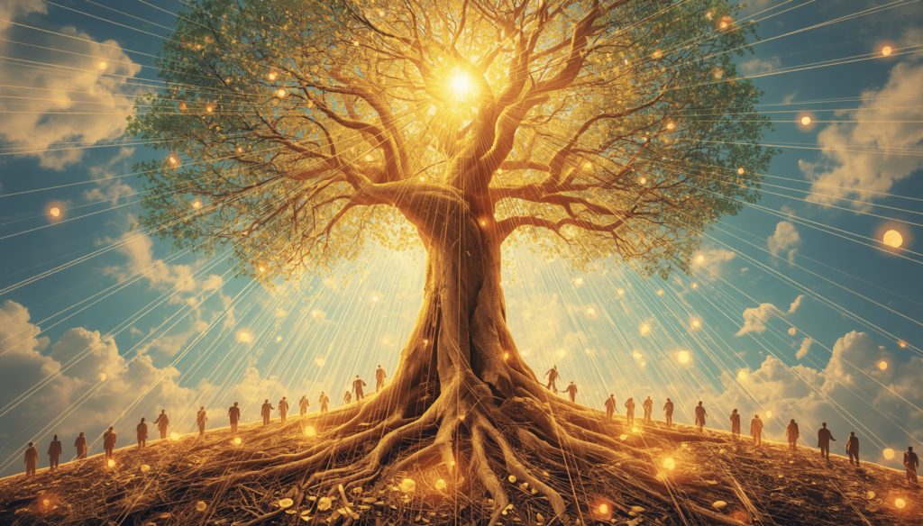 Golden tree growing from circle of connected people, branches transforming into financial growth charts and coins under bright sky