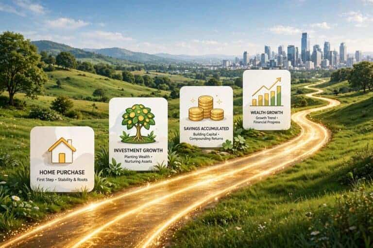 Winding golden road through green landscape to city skyline with growing milestones: house, tree, coins, graph.