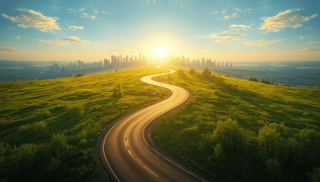 Winding golden road through green landscape to city skyline with growing milestones: house, tree, coins, graph