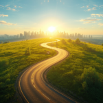 Winding golden road through green landscape to city skyline with growing milestones: house, tree, coins, graph