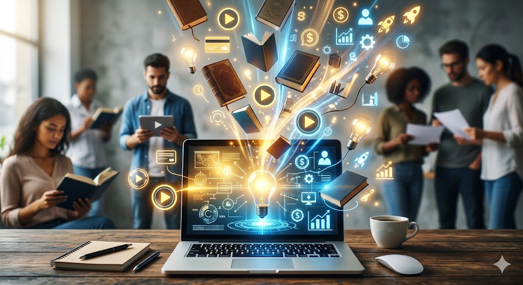 A glowing open laptop on a desk with books, light bulbs, and digital icons floating upward, symbolizing online learning and financial discovery.