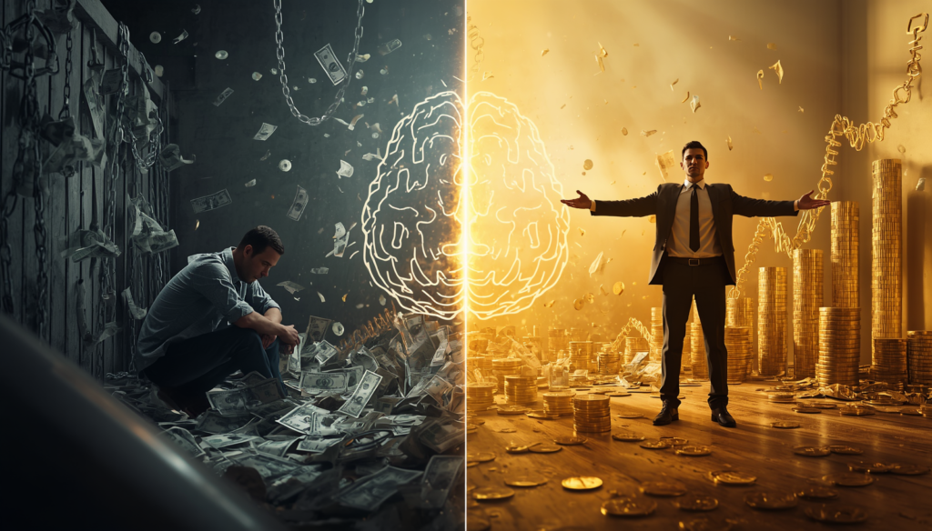 Split screen showing person trapped in dark confined space versus standing free in golden light, representing limiting versus empowered money mindset.