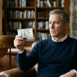 A thoughtful man examining a single hundred-dollar bill.