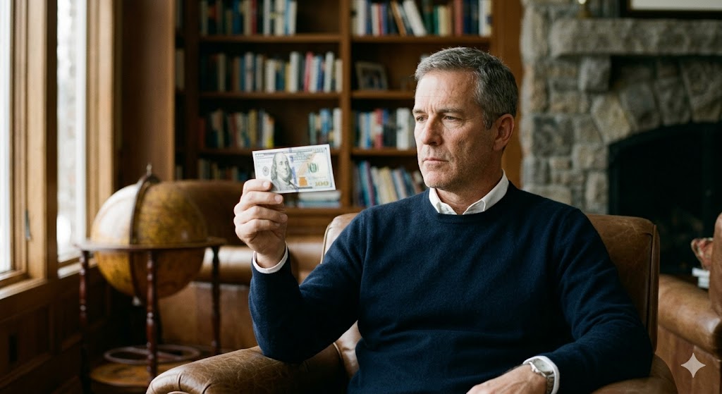 A thoughtful man examining a single hundred-dollar bill.