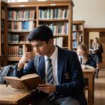 Student in school uniform reading book at library table, focused and contemplative.
