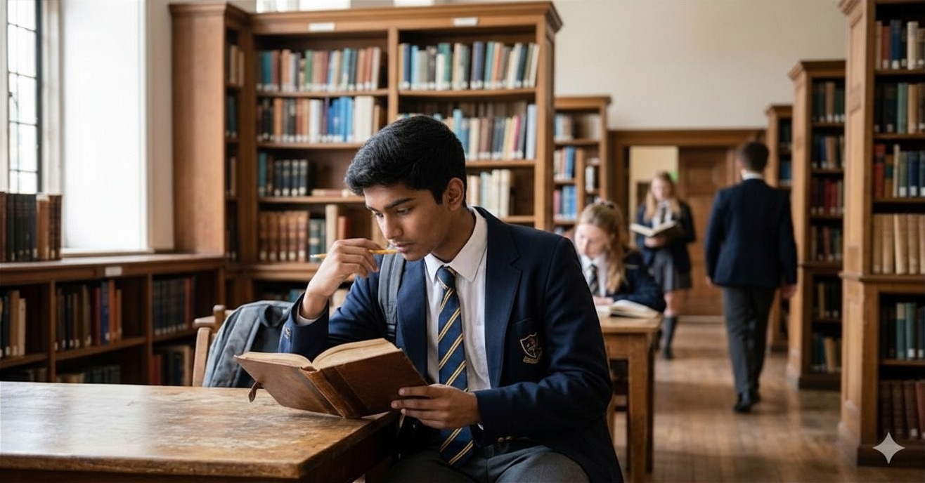 Student in school uniform reading book at library table, focused and contemplative.