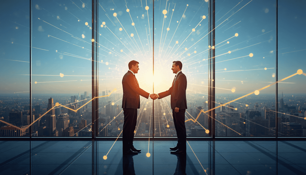 Two professionals shaking hands atop a glass skyscraper in daylight with luminous golden network lines radiating between them, transforming into financial growth graphs over city skyline