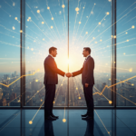 Two professionals shaking hands atop a glass skyscraper in daylight with luminous golden network lines radiating between them, transforming into financial growth graphs over city skyline