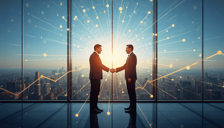 Two professionals shaking hands atop a glass skyscraper in daylight with luminous golden network lines radiating between them, transforming into financial growth graphs over city skyline