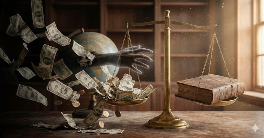Golden scales balancing flying dollar bills against book, with globe in background and warm sunlight.