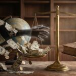 Golden scales balancing flying dollar bills against book, with globe in background and warm sunlight.