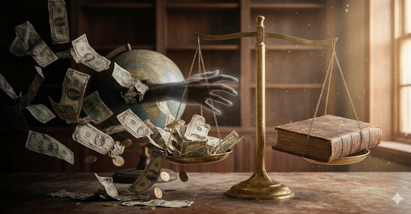 Golden scales balancing flying dollar bills against book, with globe in background and warm sunlight.