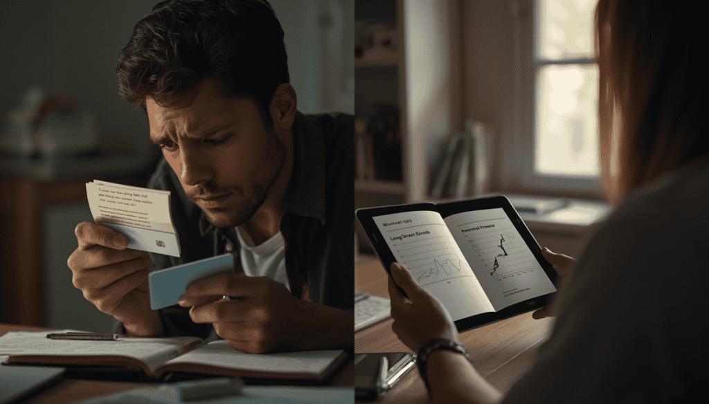 Split screen showing person stressed over bills versus person calmly studying finance book with growth chart on tablet.