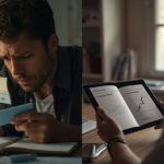 Split screen showing person stressed over bills versus person calmly studying finance book with growth chart on tablet.