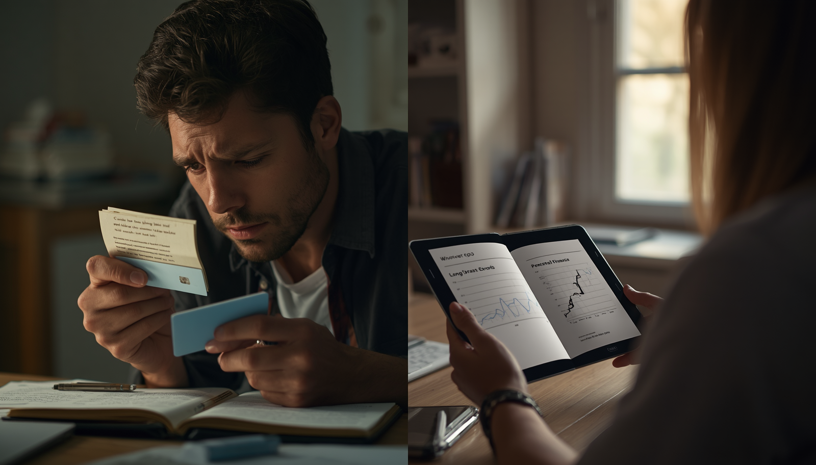Split screen showing person stressed over bills versus person calmly studying finance book with growth chart on tablet.