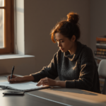 Person writing in journal at minimalist desk with warm morning light and books nearby