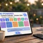 Tablet displaying an AI-assisted social media content calendar on an outdoor patio table, representing an AI social media management side hustle