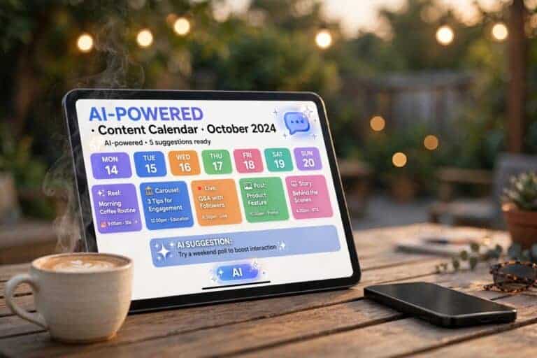 Tablet displaying an AI-assisted social media content calendar on an outdoor patio table, representing an AI social media management side hustle