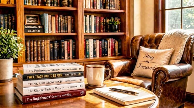 Stack of personal finance books in a cozy library setting, representing practical, beginner-friendly money guidance