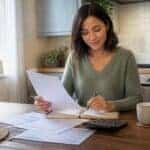 Person calmly reviewing financial paperwork at a kitchen table, representing creating a clear plan after job loss