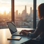 Professional working on laptop at minimal desk overlooking city skyline